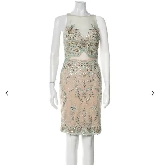 NWT Terani Couture Beaded Lace Sheath Dress XS Sparkle Embellished Nude Mint